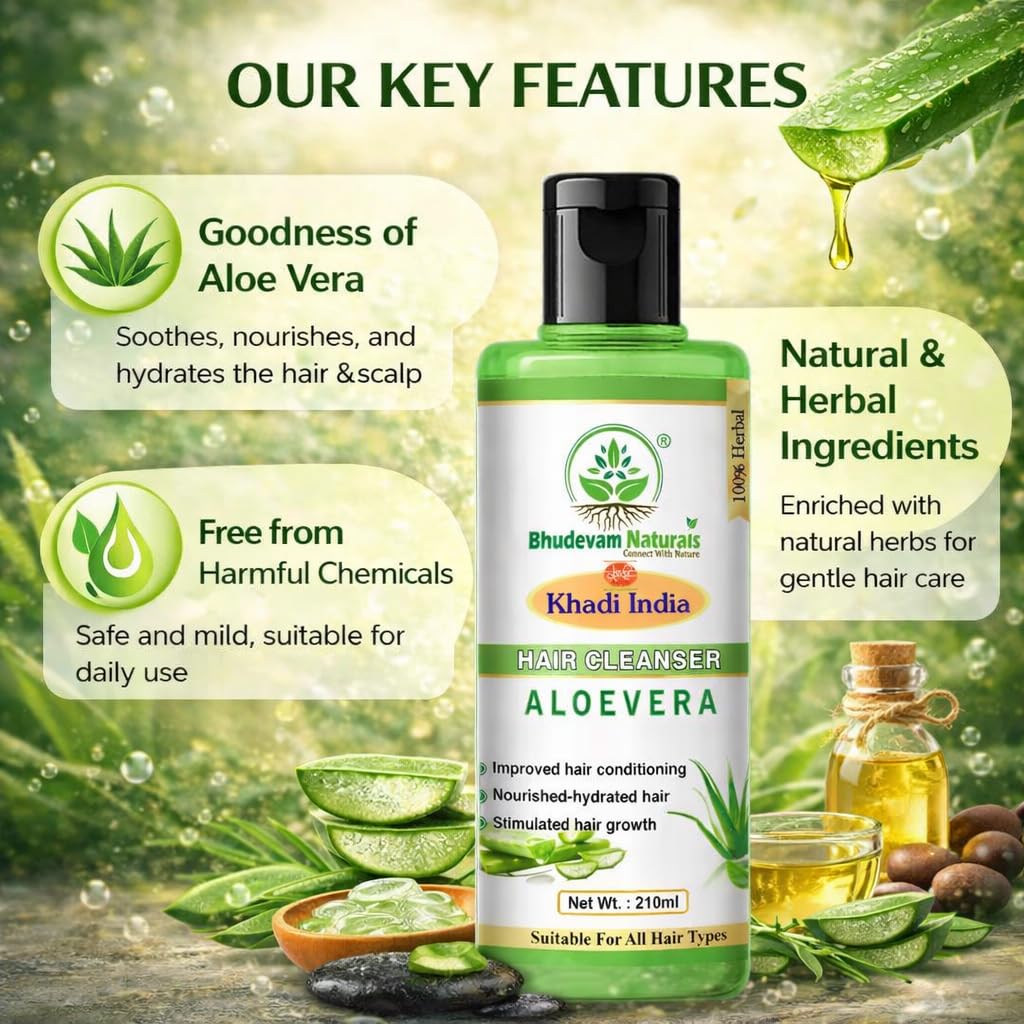 Bhudevam Naturals Khadi Aloe Vera Shampoo for Hair Growth & Scalp Care- 210ML