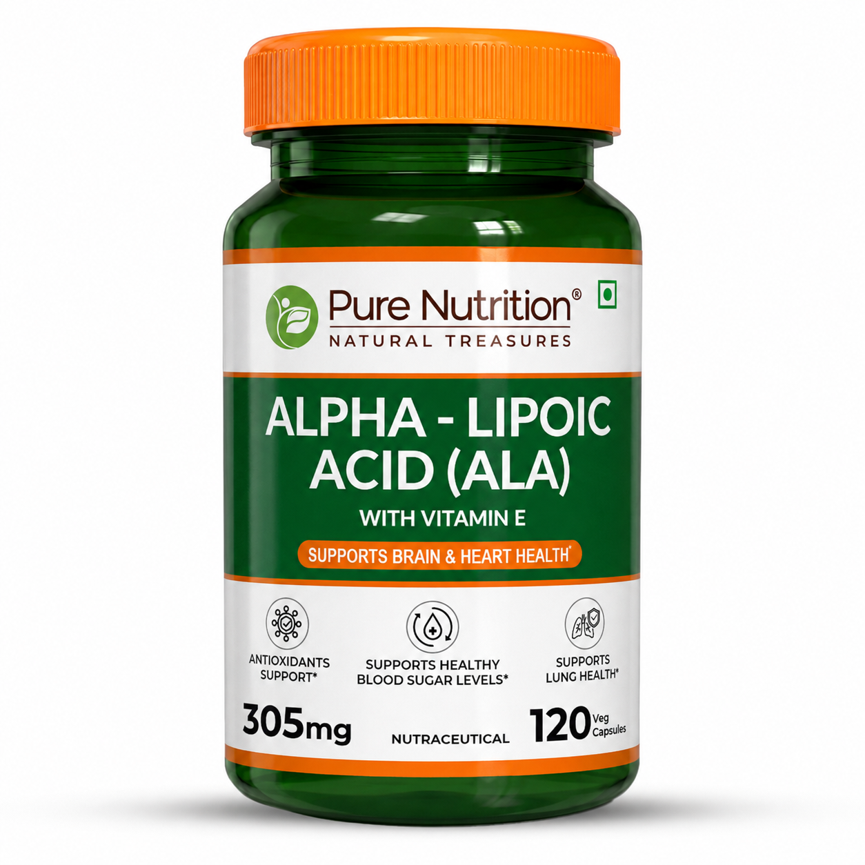 Pure Nutrition Alpha Lipoic Acid (ALA) Capsules 300mg - 120 Veg Capsules with Vitamin E
