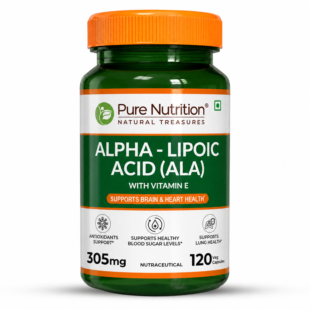 Pure Nutrition Alpha Lipoic Acid (ALA) Capsules 300mg - 120 Veg Capsules with Vitamin E