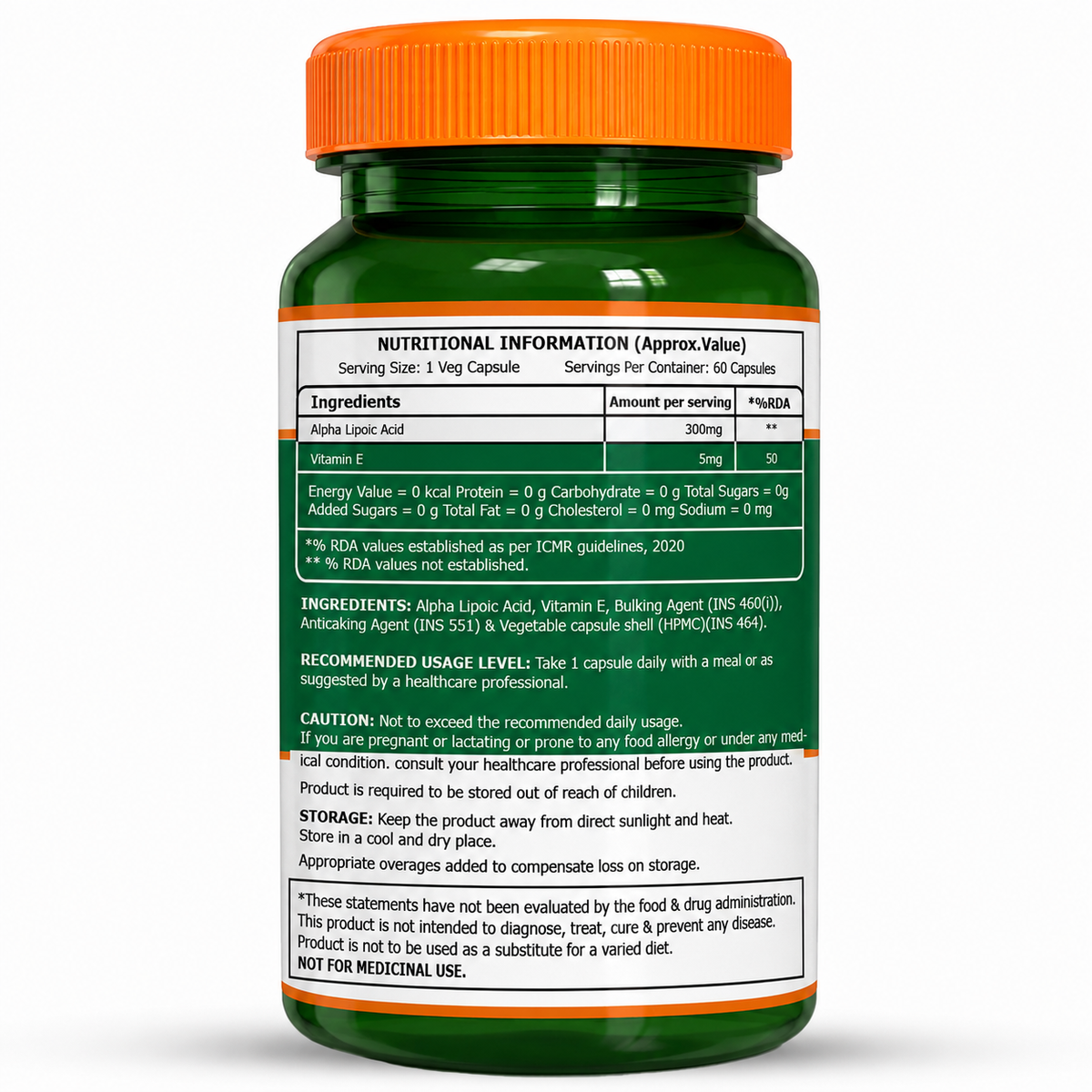 Pure Nutrition Alpha Lipoic Acid (ALA) 300mg - 60 Veg Capsules with Vitamin E