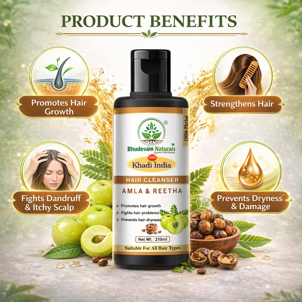 Bhudevam Naturals Khadi Amla Reetha Hair Shampoo for Hair Fall Control & Deep Scalp Cleansing- 210ML