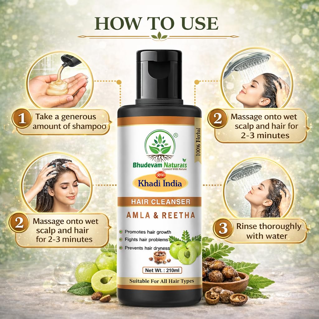 Bhudevam Naturals Khadi Amla Reetha Hair Shampoo for Hair Fall Control & Deep Scalp Cleansing- 210ML