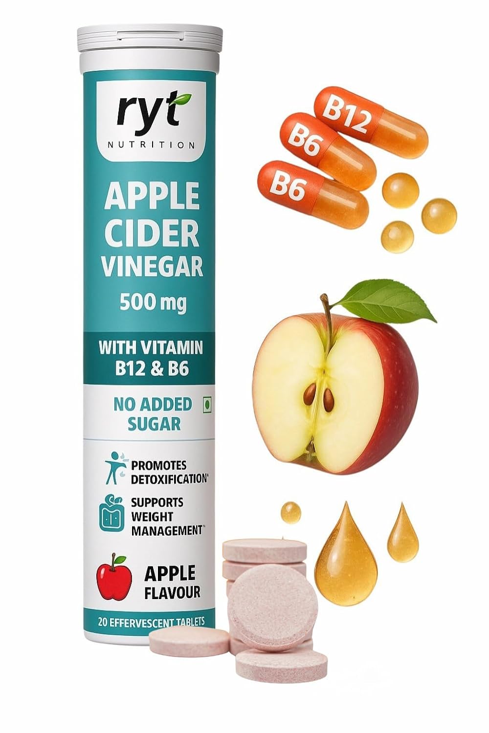 Ryt Nutrition Apple Cider Vinegar Effervescent (500mg) - 20 Tablets (Apple Flavour), With Vitamin B12 & B6 | For Weight Management & Gut Health | No added Sugar | Easy to Carry & Consume