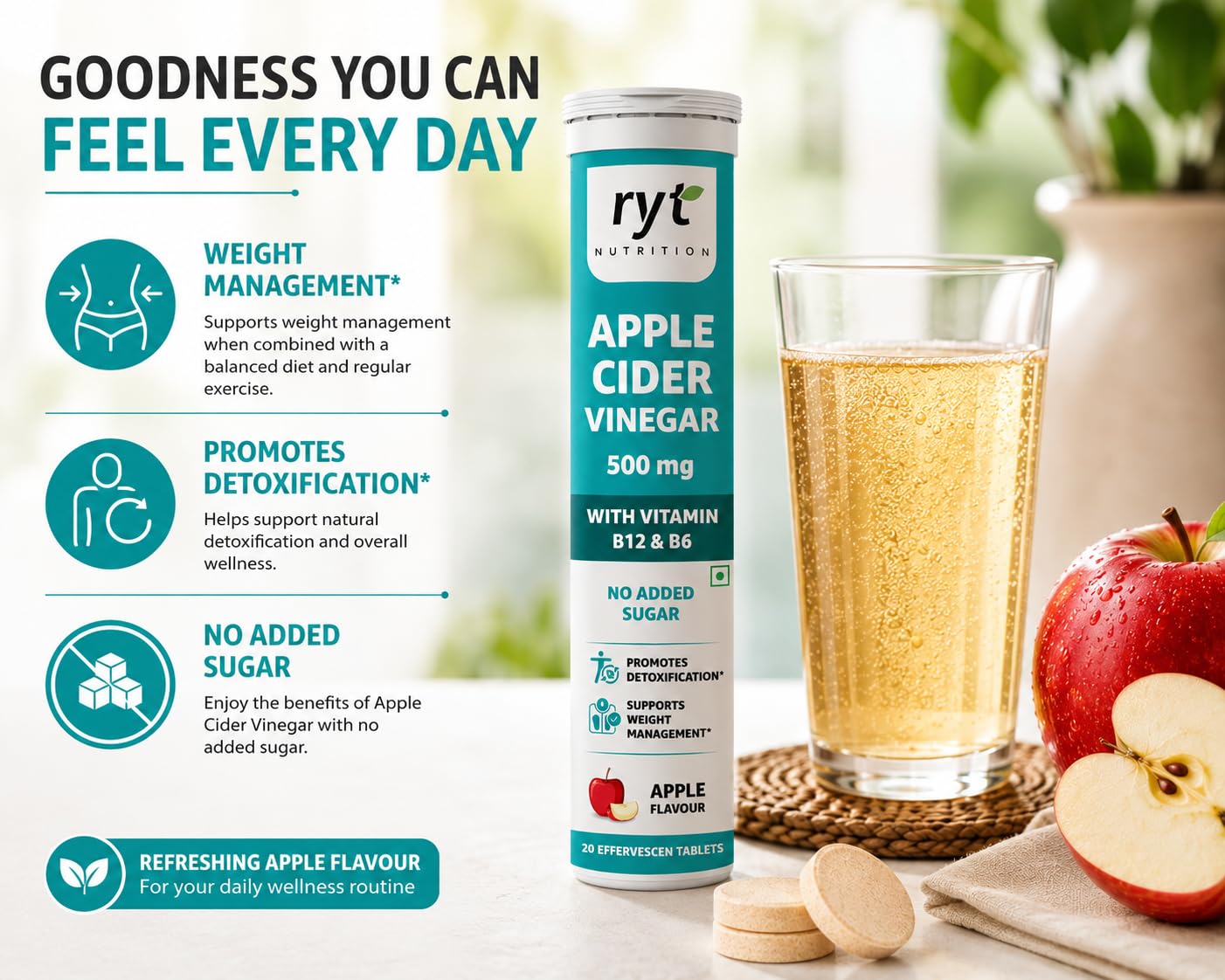 Ryt Nutrition Apple Cider Vinegar Effervescent (500mg) - 20 Tablets (Apple Flavour), With Vitamin B12 & B6 | For Weight Management & Gut Health | No added Sugar | Easy to Carry & Consume