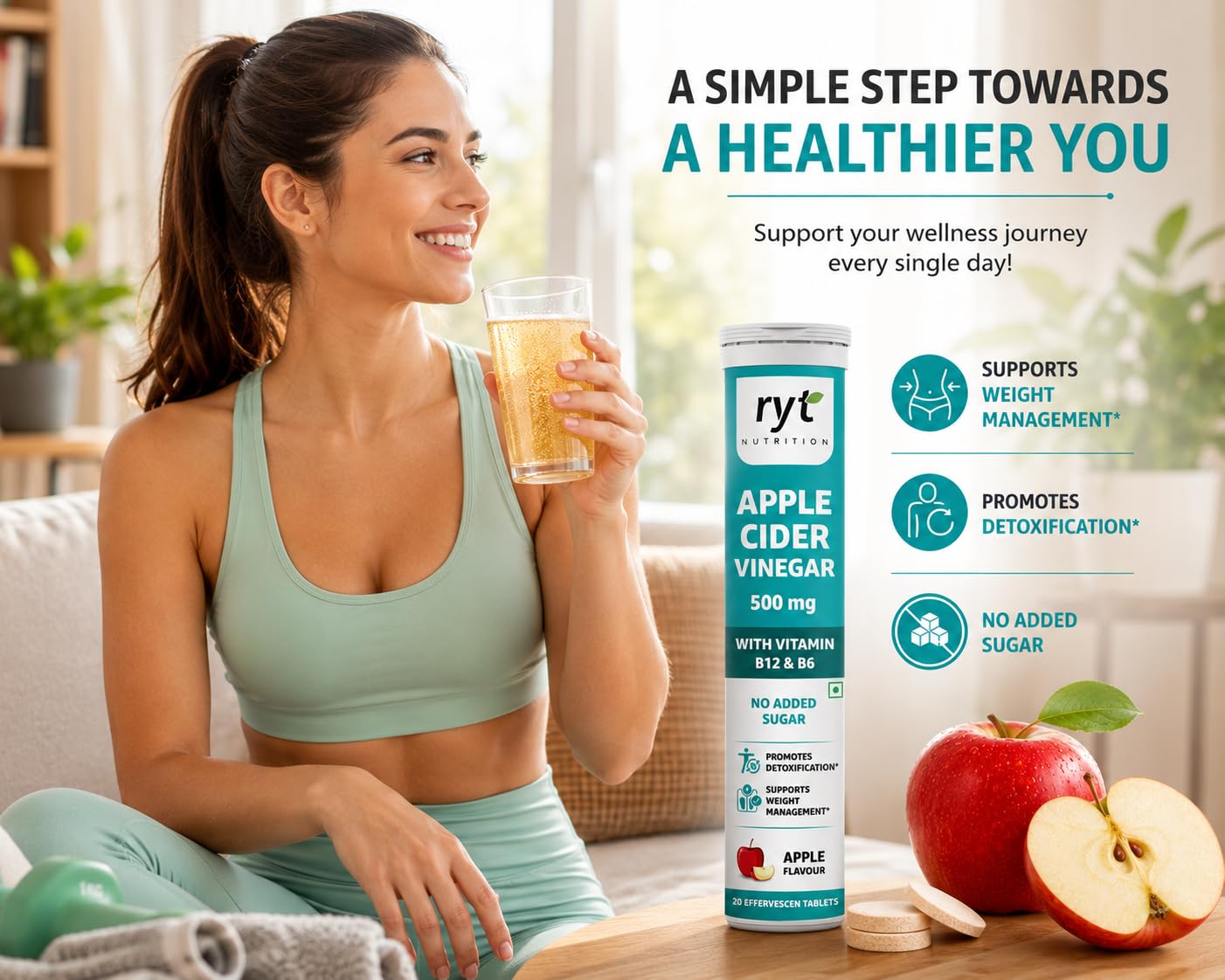 Ryt Nutrition Apple Cider Vinegar Effervescent (500mg) - 20 Tablets (Apple Flavour), With Vitamin B12 & B6 | For Weight Management & Gut Health | No added Sugar | Easy to Carry & Consume