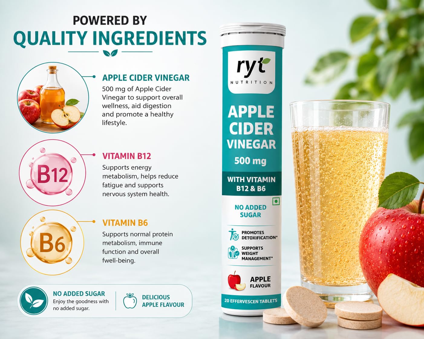 Ryt Nutrition Apple Cider Vinegar Effervescent (500mg) - 20 Tablets (Apple Flavour), With Vitamin B12 & B6 | For Weight Management & Gut Health | No added Sugar | Easy to Carry & Consume