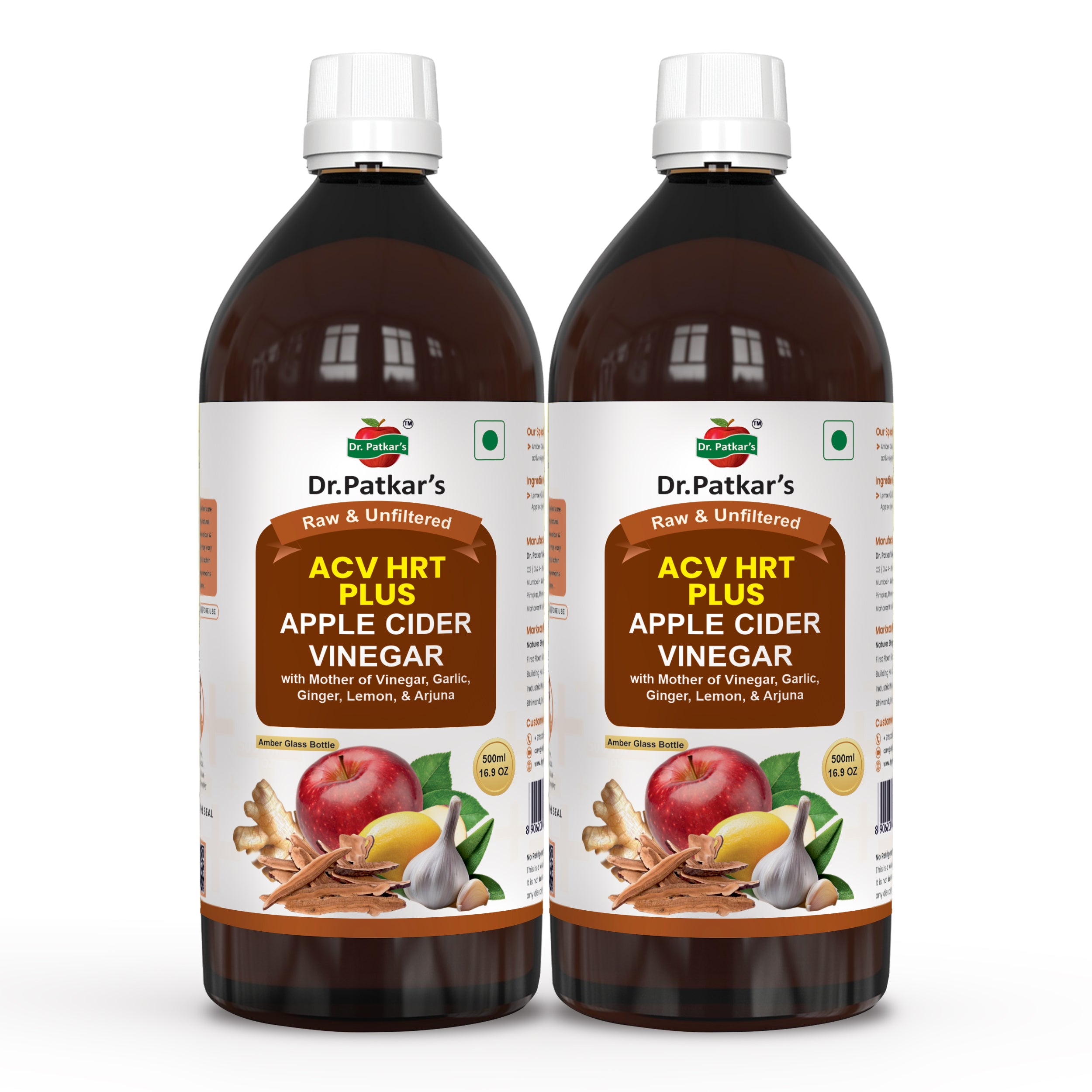 Dr. Patkar's Apple Cider Vinegar with Ginger, Garlic, Lemon & Arjuna (ACV HRT PLUS) + Formula Morning Detox Tonic Heart, Immunity & Digestion Support 1000 ML (Pack of 1)
