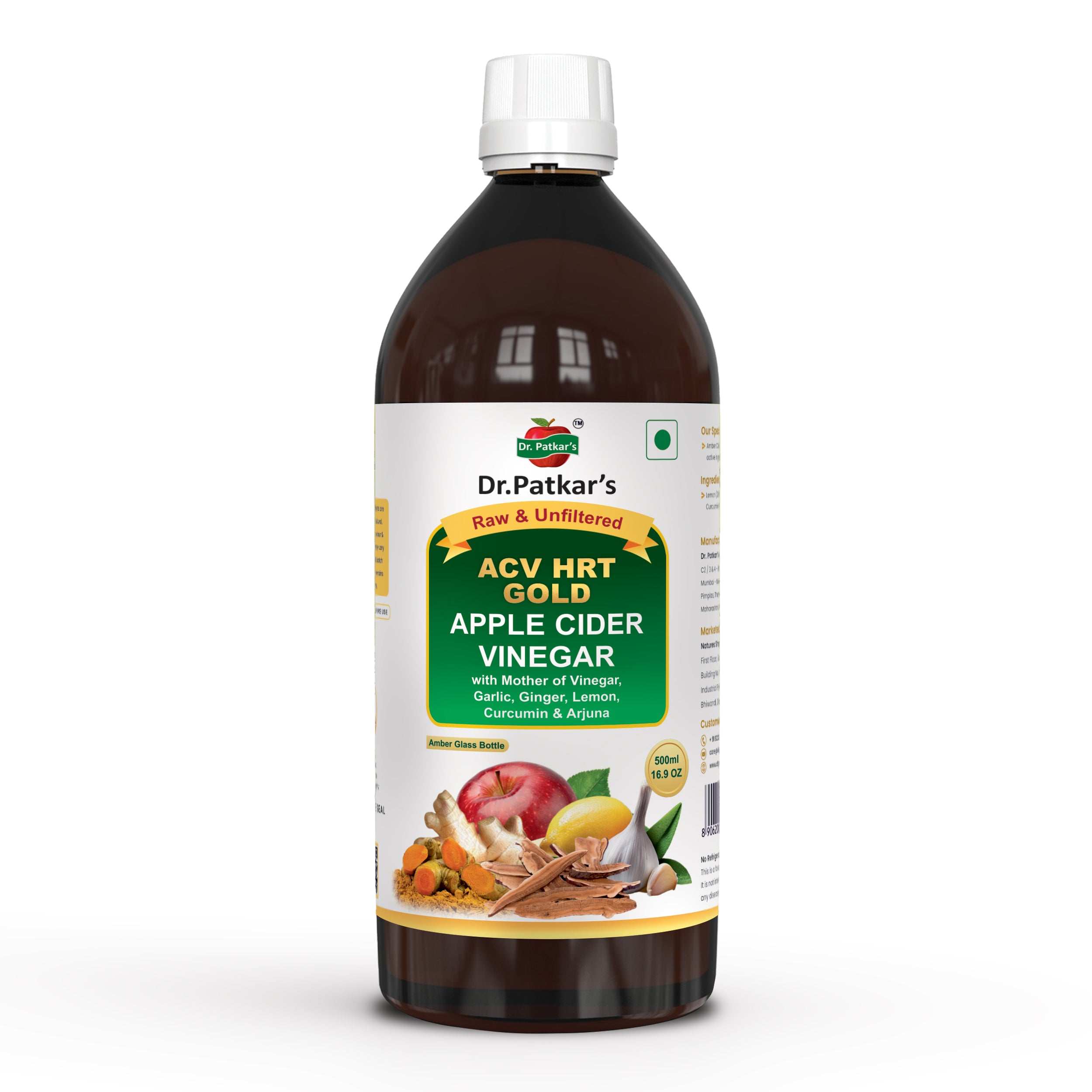 Dr. Patkar's ACV HRT GOLD | Apple Cider Vinegar with Arjuna, Curcumin, Ginger, Garlic & Lemon | 2X Formula Health Shot |Cholesterol Care| Immunity, Heart & Gut Support | Raw & Unfiltered (500 ML)