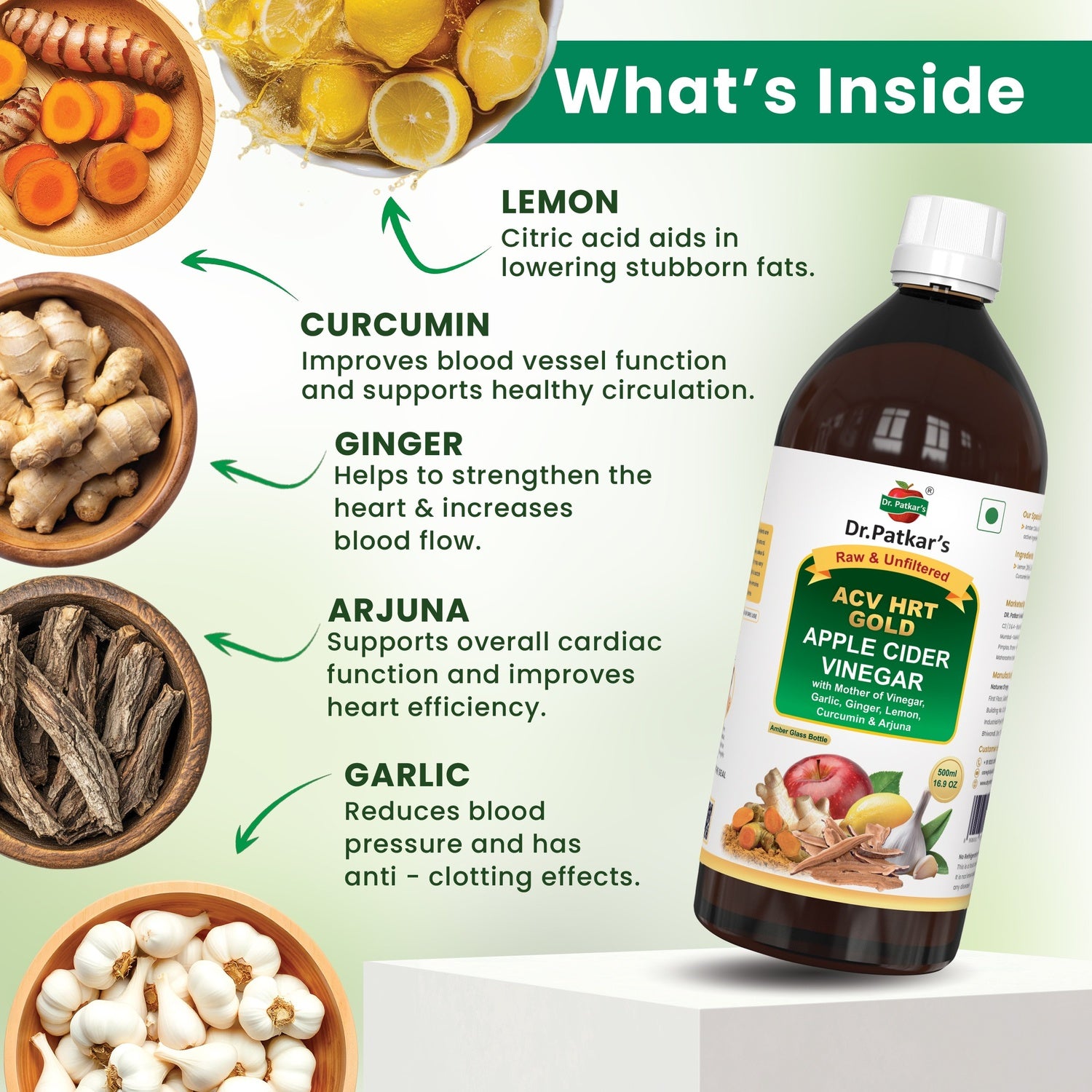 Dr. Patkar's ACV HRT GOLD | Apple Cider Vinegar with Arjuna, Curcumin, Ginger, Garlic & Lemon | 2X Formula Health Shot |Cholesterol Care| Immunity, Heart & Gut Support | Raw & Unfiltered (500 ML)