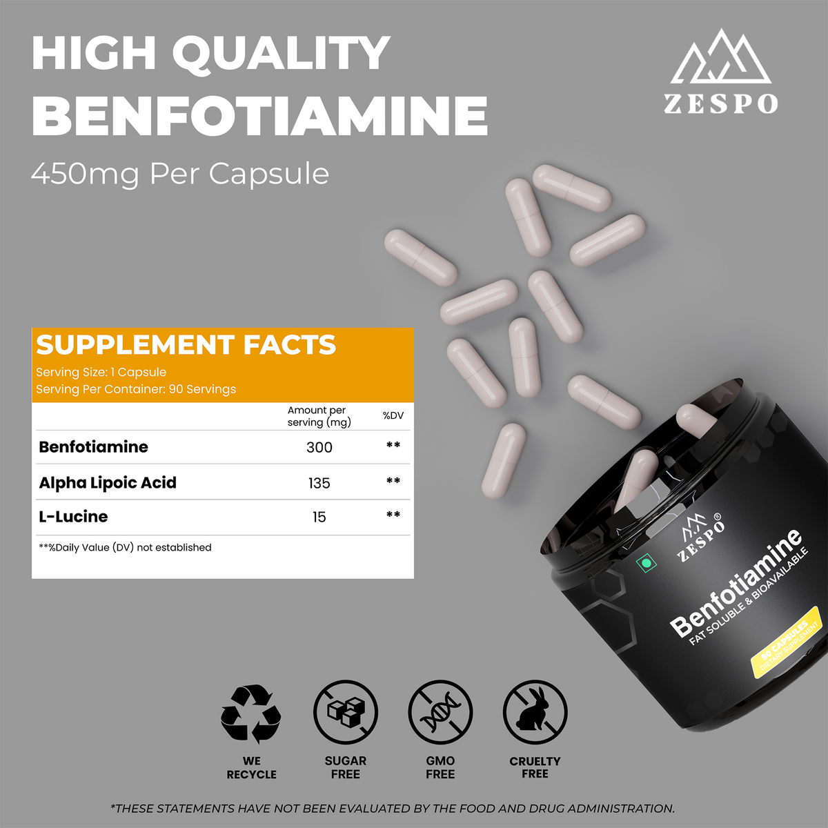 Zespo Benfotiamine 450 mg with Alpha Lipoic Acid & L-Leucine – Fat Soluble & Bioavailable Vitamin B1 – Supports Nerve Health – 90 Capsules