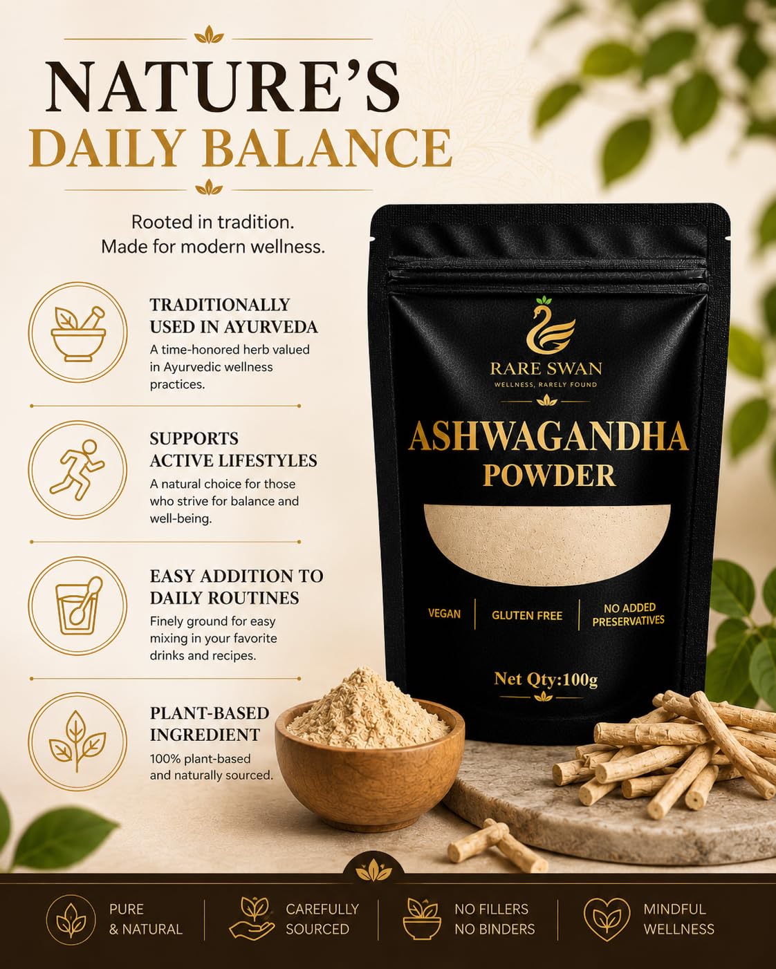 Rare Swan Ashwagandha Root Powder 100g | Withania Somnifera | Plant-Based Superfood | Vegan | Finely Ground for Easy Mixing | No Added Preservatives