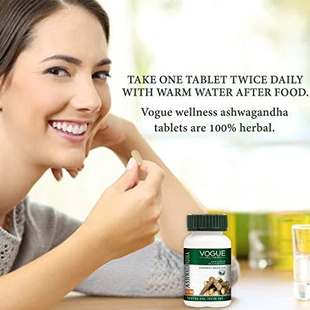Vogue Wellness Ashwagandha Tablets | Withania Somnifera Root Extract | Ayurvedic Herbal Supplement for Stress Management, Energy, Stamina, Strength & Overall Wellness | 60 Vegetarian Tablets
