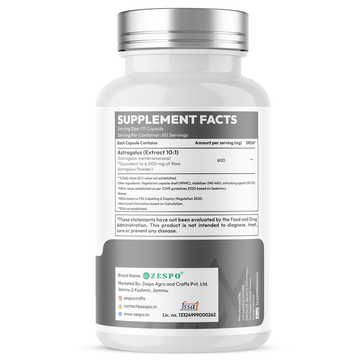Zespo Astragalus Root 10:1 Extract 600 mg | Immune & Antioxidant Support | Herbal Supplement | 60 Vegan Capsules