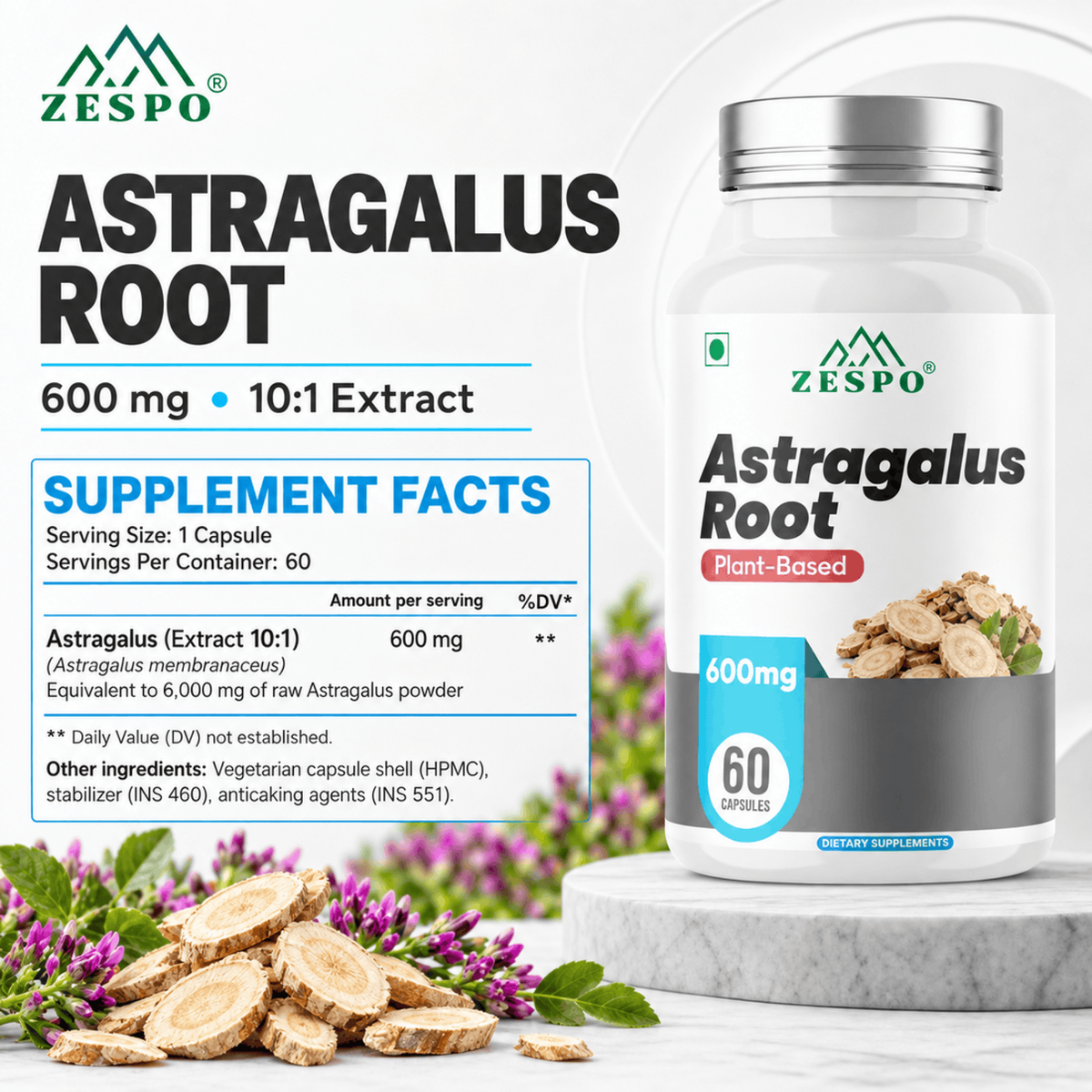 Zespo Astragalus Root 10:1 Extract 600 mg – 60 Capsules