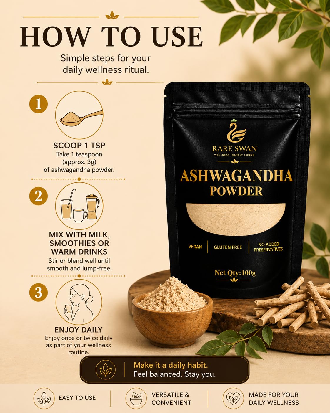 Rare Swan Ashwagandha Root Powder 100g | Withania Somnifera | Plant-Based Superfood | Vegan | Finely Ground for Easy Mixing | No Added Preservatives