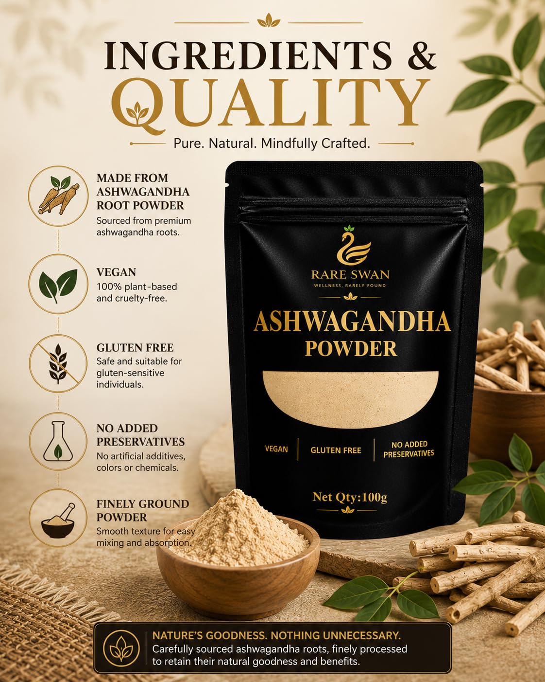 Rare Swan Ashwagandha Root Powder 100g | Withania Somnifera | Plant-Based Superfood | Vegan | Finely Ground for Easy Mixing | No Added Preservatives