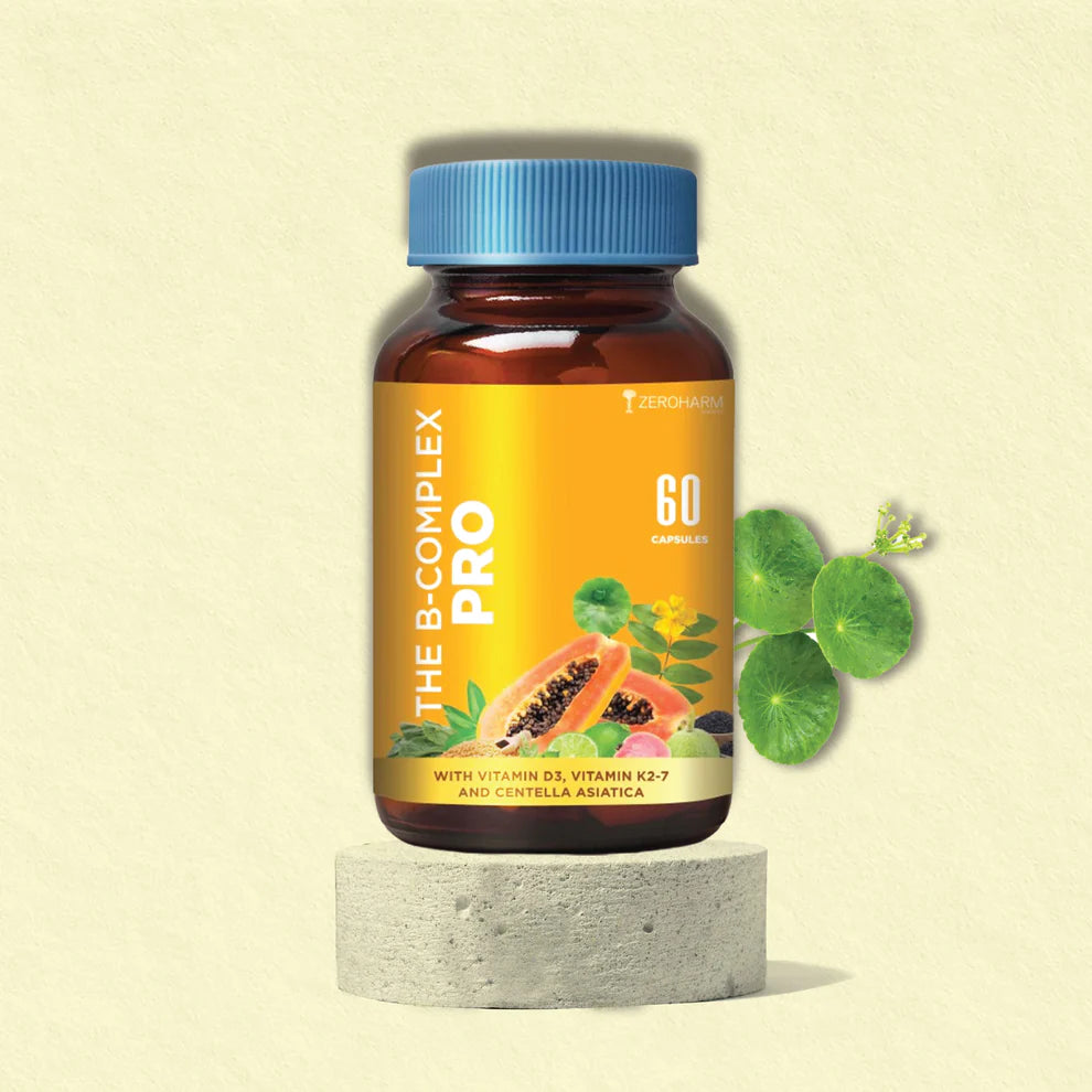 ZEROHARM B-Complex Pro with Vitamin D3 & K2-7 | Vitamin B-Complex With B1, B2, B3, B5, B6, B9 & Vit B12 | Plant-Based Supplement | Supports Energy & Immunity For Men and Women | 60 Veg Capsules