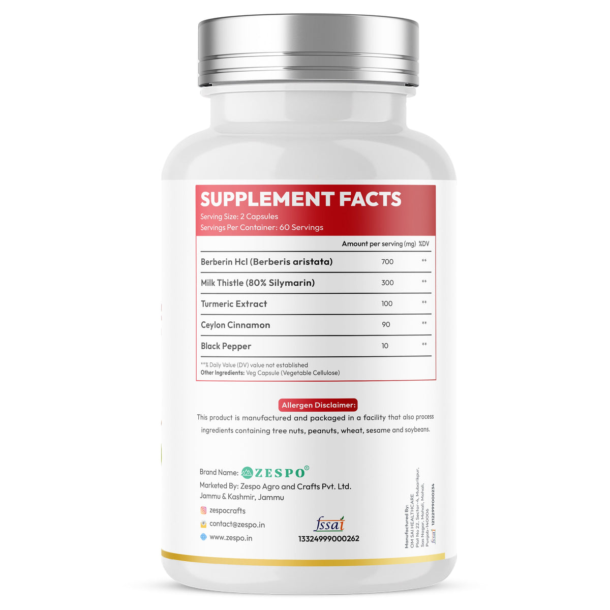 Zespo Berberine Complex 1,200 mg | Berberine HCl with Milk Thistle, Turmeric, Ceylon Cinnamon & Black Pepper | Metabolic & Gut Support | 120 Veg Capsules