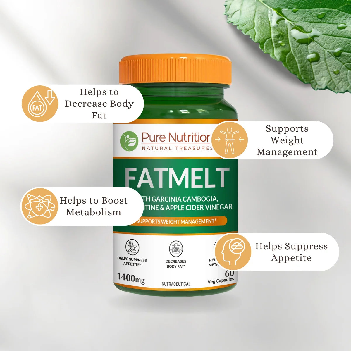 Pure Nutrition Fatmelt with Garcinia Cambogia, L-Carnitine & ACV, 90 Capsules | Weight Support