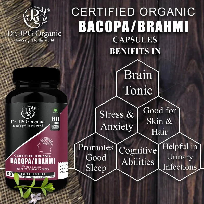 DR. JPG Organic Brahmi / Bacopa Capsules (500mg, 60 Veg Capsules) | For Memory Wellness & Cognitive Support | 100% Certified Organic