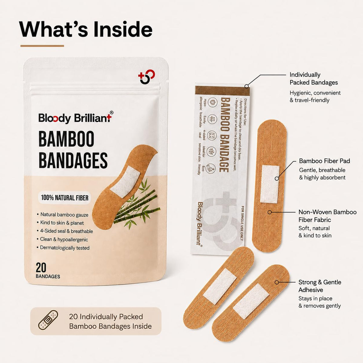 Bloody Brilliant Bamboo Bandages, 100% Natural Fiber, 20 Strips