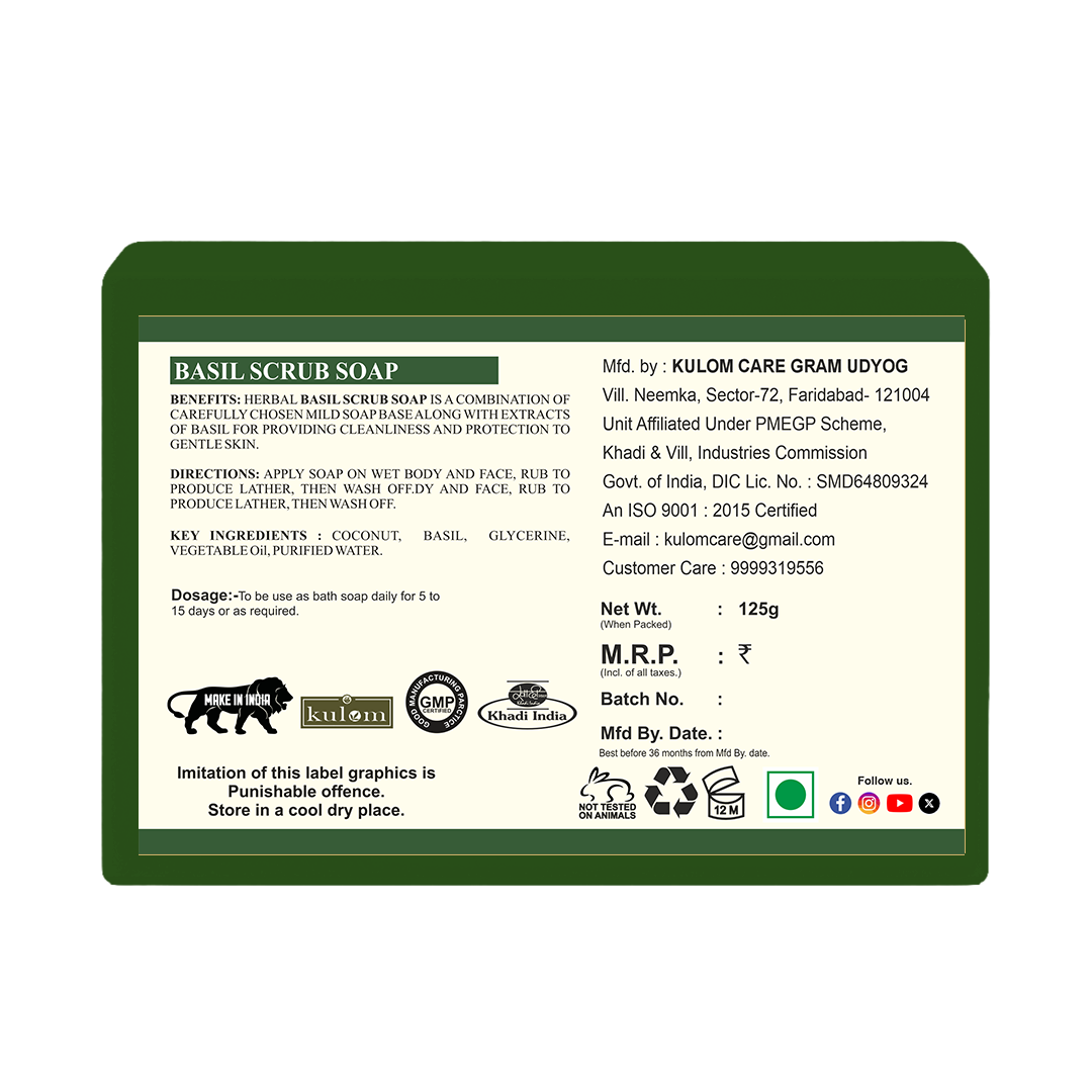 Khadi Care Herbal Basil Scrub Soap for Deep Cleansing & Exfoliation - 125g