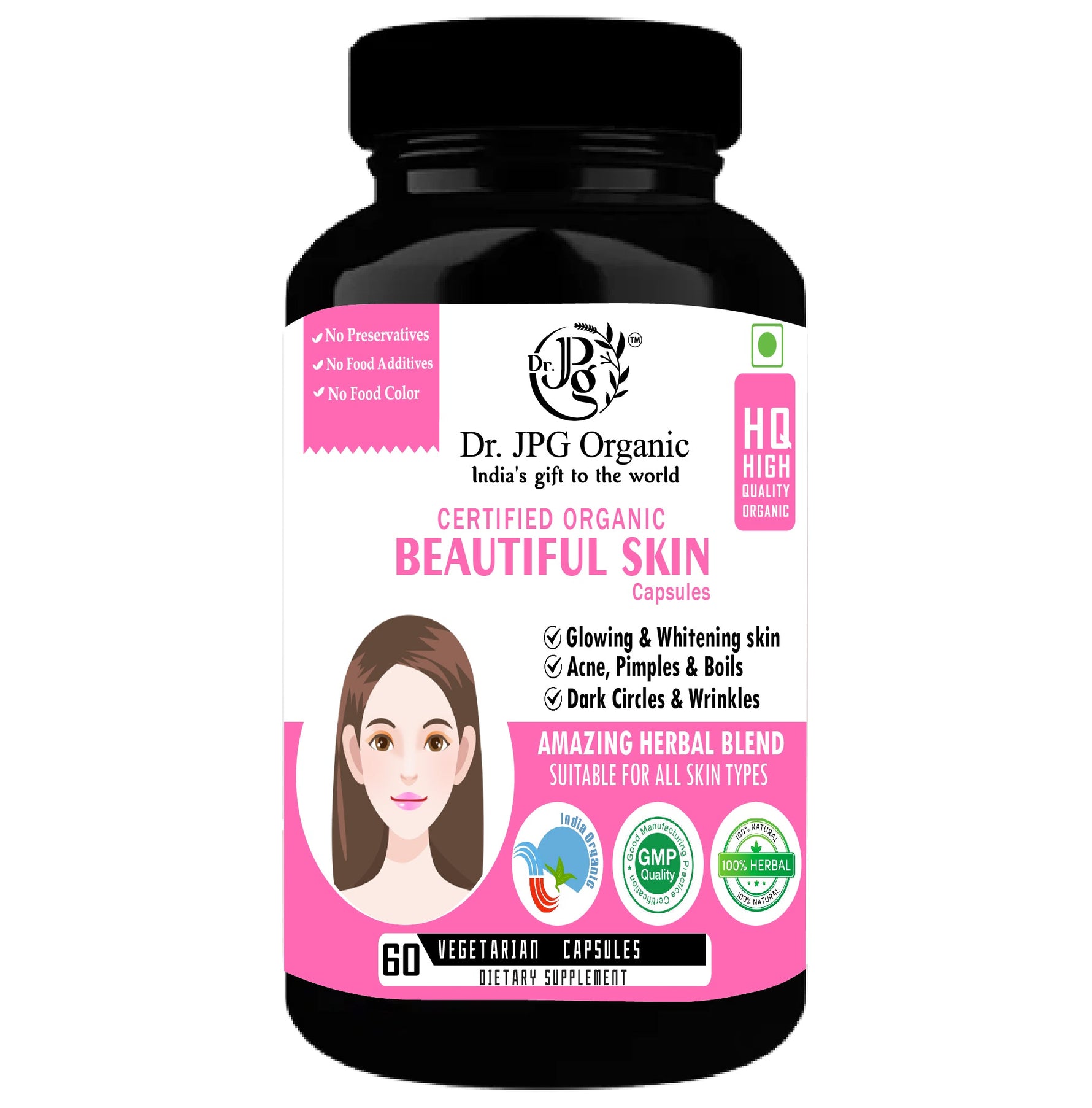 Dr. JPG orgnaic Beautiful Skin Wellness Capsules 500mg, 60Veg. Capsules | Supports Healthy-Looking Skin, Natural Glow & Skin Nourishment| INDIA Organic Certified.