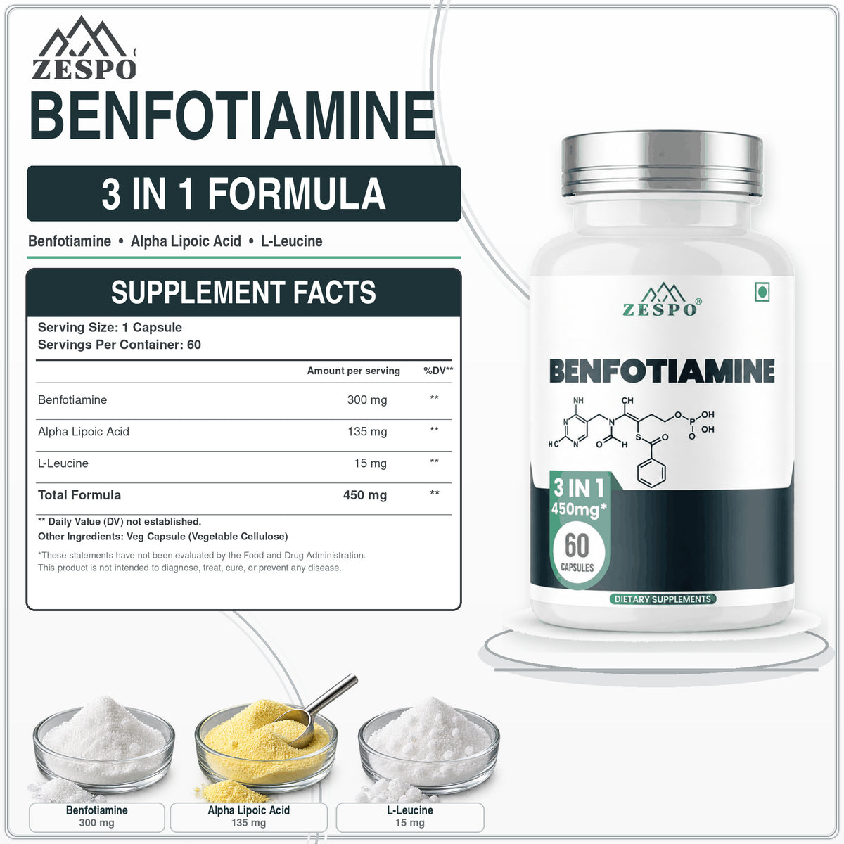 Zespo Benfotiamine 3-in-1 Formula 450 mg | Benfotiamine 300 mg + Alpha Lipoic Acid + L-Leucine | Nerve Health & Energy Support | 60 Capsules