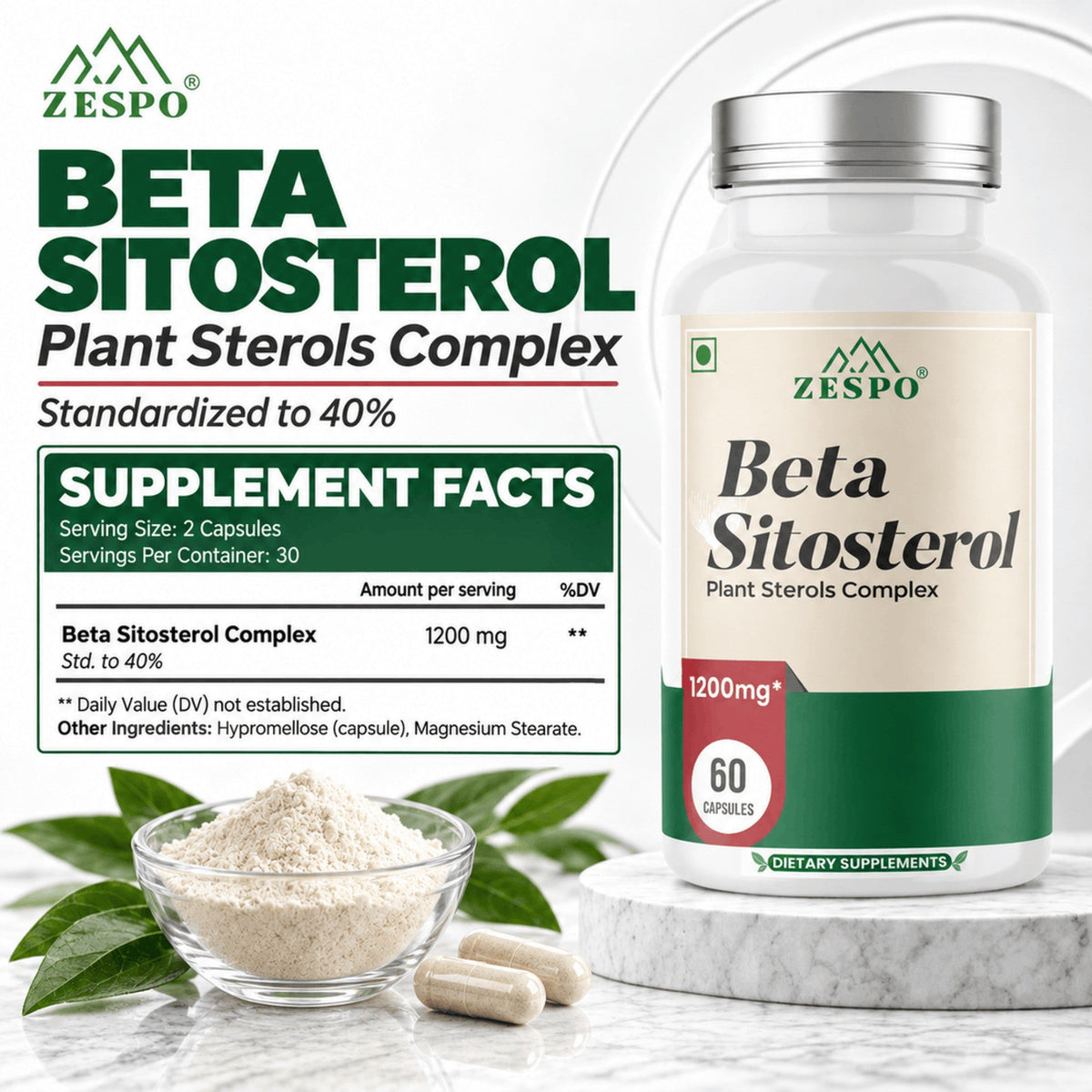 Zespo Beta Sitosterol Complex 1,200 mg | Prostate & Urinary Health Support for Men | Plant Sterol Supplement | 60 Capsules