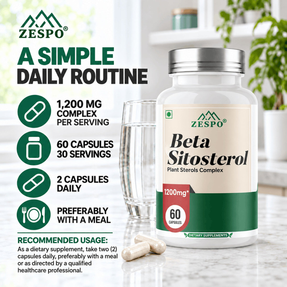 Zespo Beta Sitosterol Complex 1,200 mg | Prostate & Urinary Health Support for Men | Plant Sterol Supplement | 60 Capsules