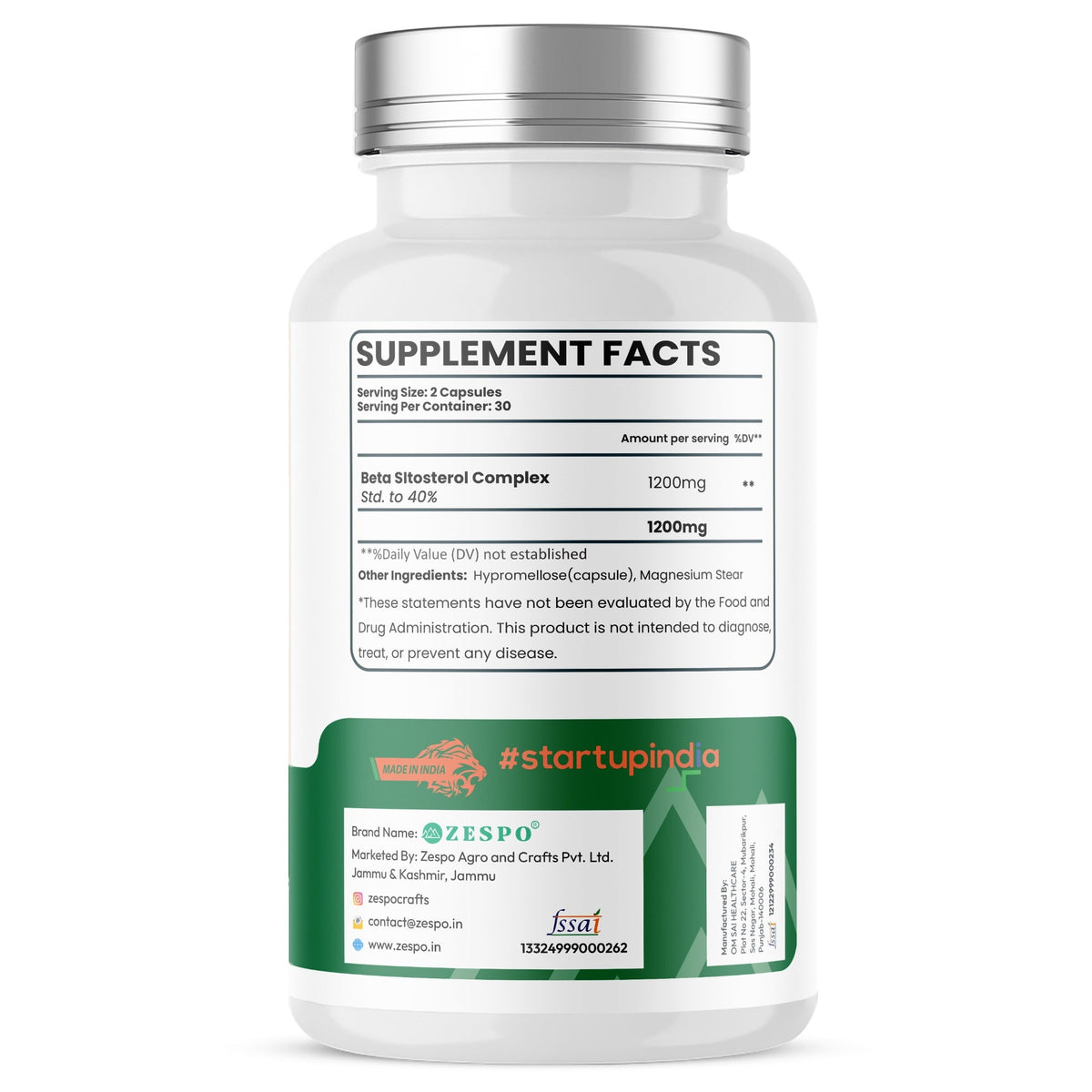 Zespo Beta Sitosterol Complex 1,200 mg | Prostate & Urinary Health Support for Men | Plant Sterol Supplement | 60 Capsules