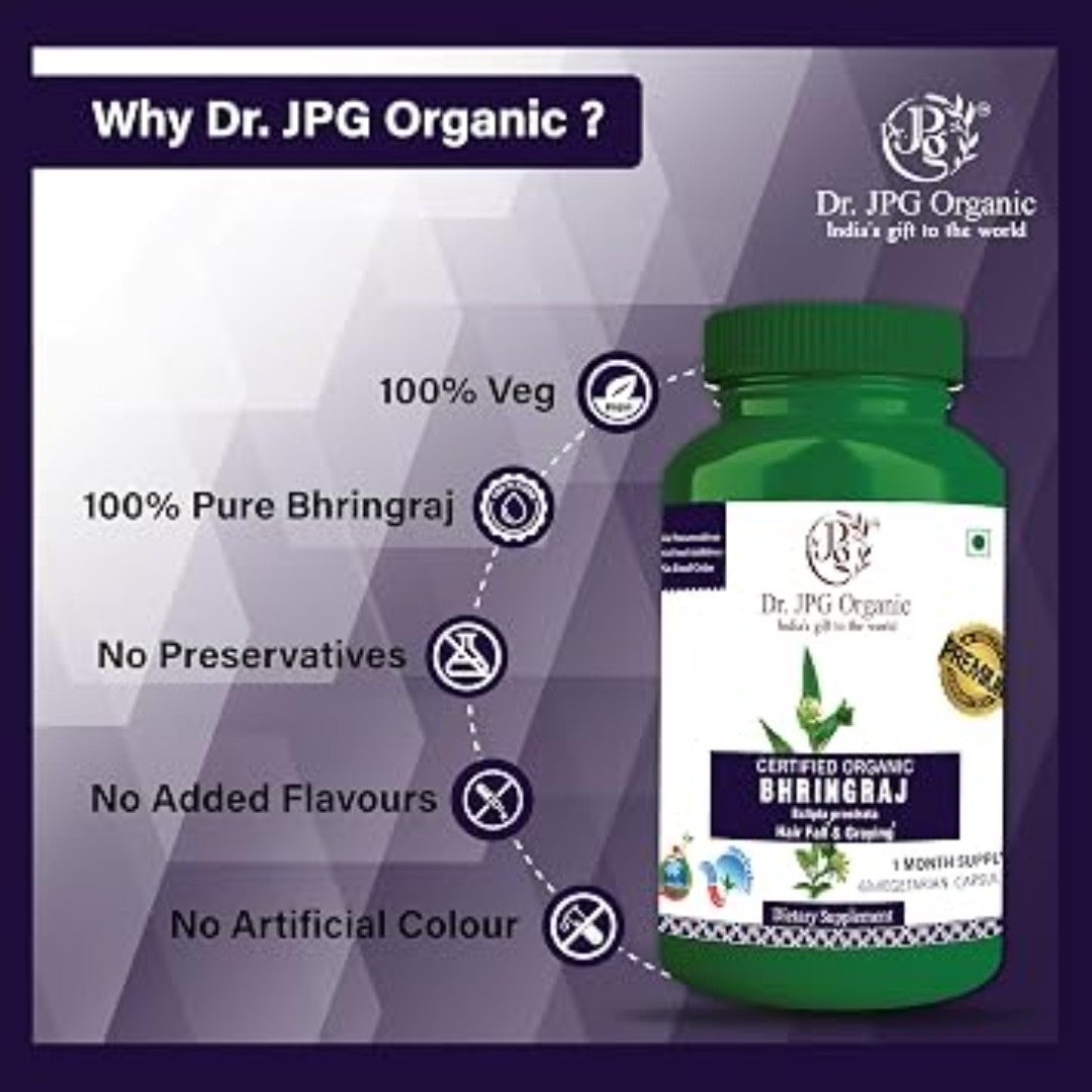 Dr. JPG Organic Bhringraj Capsules For Hair Fall & Graying 60 Veg. Capsules/INDIA ORGANIC Certified.