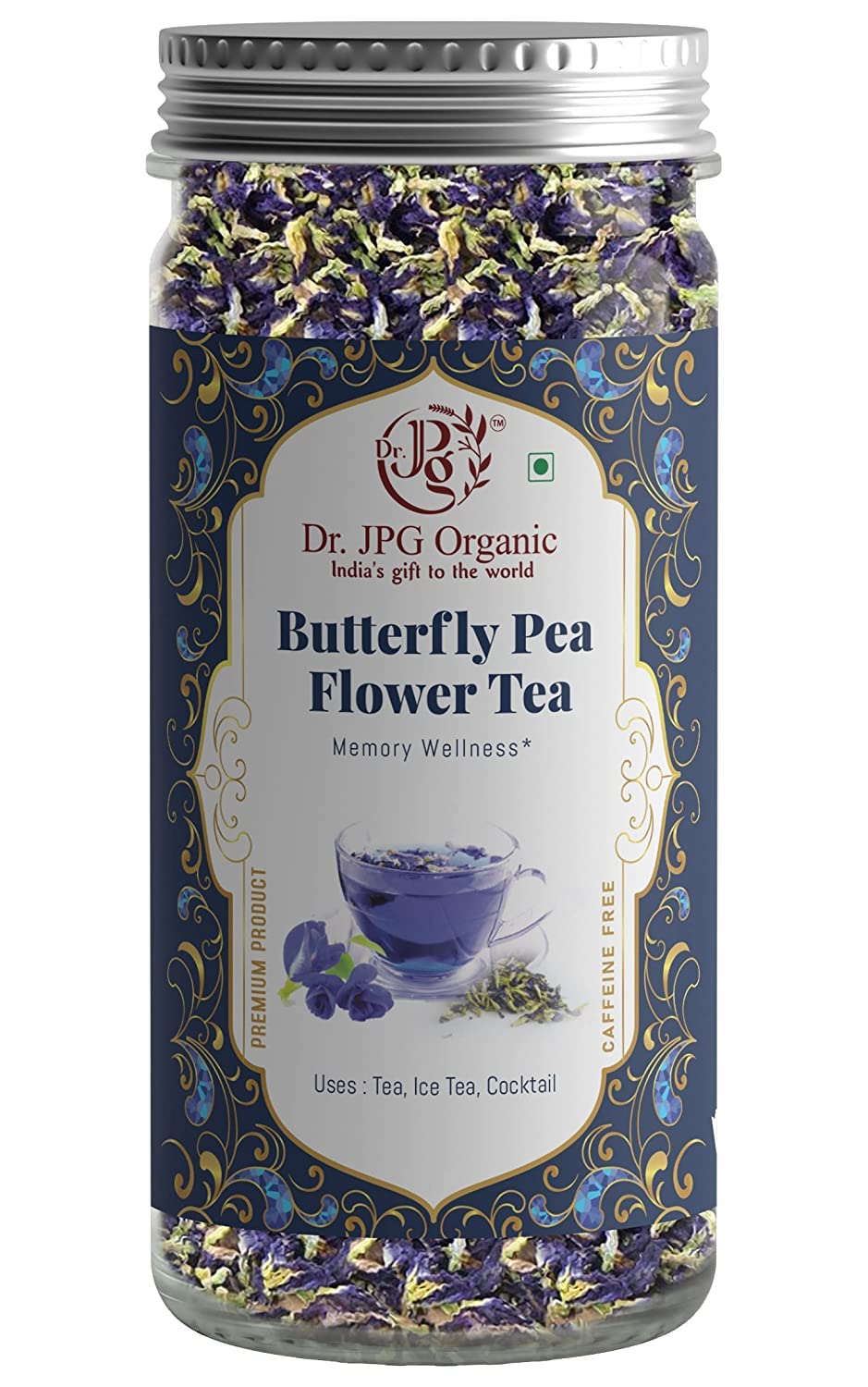 Dr. JPG Organic Butterfly Pea Flower Tea Blue Flower Tea For for Skin Glow-(25g)-50 TeaCup Approx | INDIA ORGANIC Certified | ISO Certified. (25g)