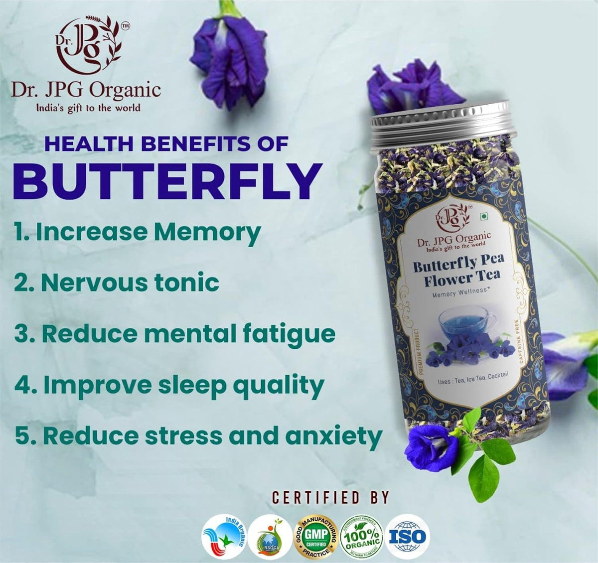 Dr. JPG Organic Butterfly Pea Flower Tea Blue Flower Tea For for Skin Glow-(25g)-50 TeaCup Approx | INDIA ORGANIC Certified | ISO Certified. (25g)