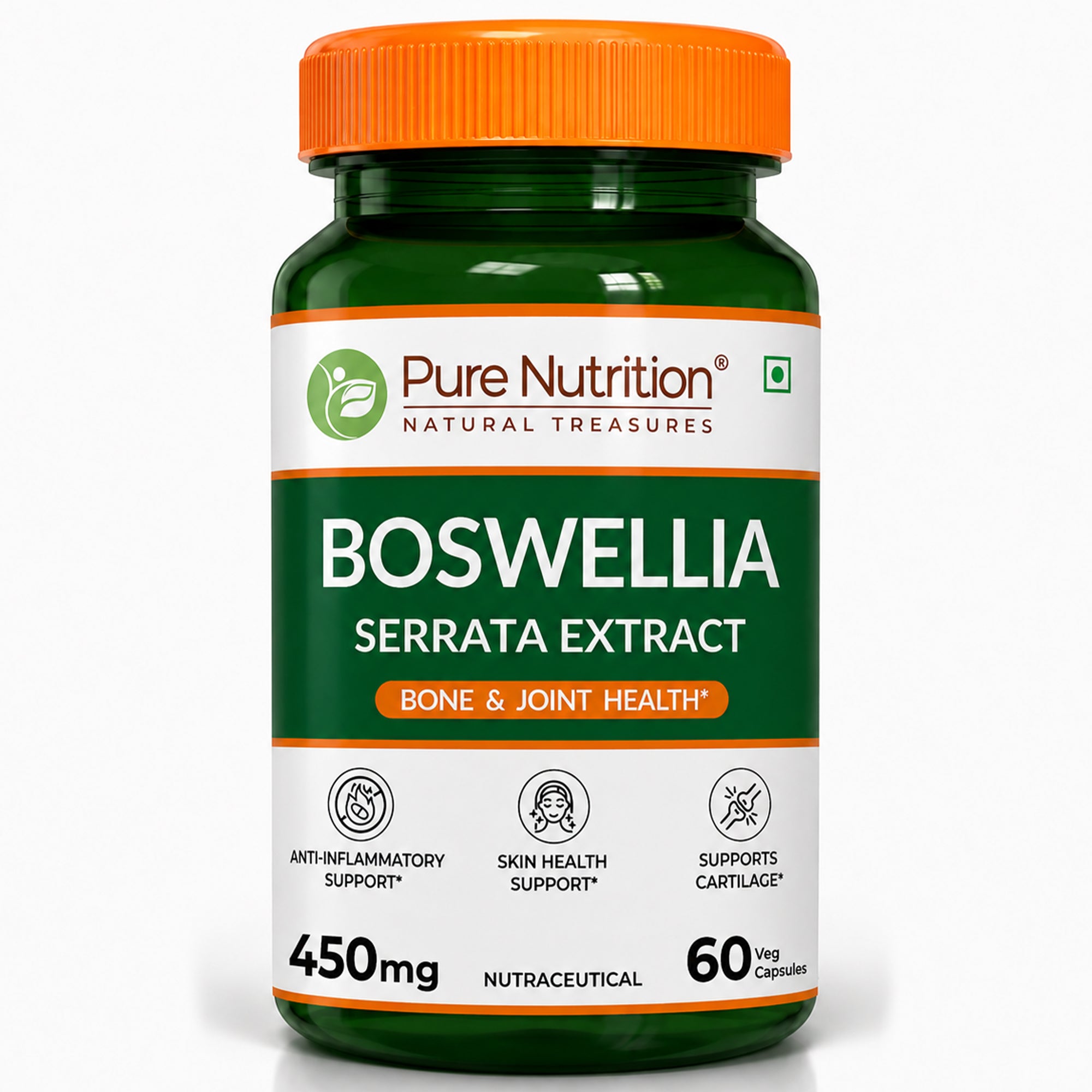 Pure Nutrition Boswellia Serrata Capsules - 450mg –  60 Veg Capsules - Supports Joint & Bone Health, Reduces Inflammation & Stiffness | Boosts Immunity & Skin Health | Natural Ayurvedic Herb for Mobility & Flexibility | For Men & Women