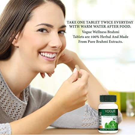Vogue Wellness Brahmi Tablets | Bacopa Monnieri Extract | Ayurvedic Herbal Supplement for Memory, Focus, Concentration, Mental Performance & Overall Brain Wellness | 60 Vegetarian Tablets