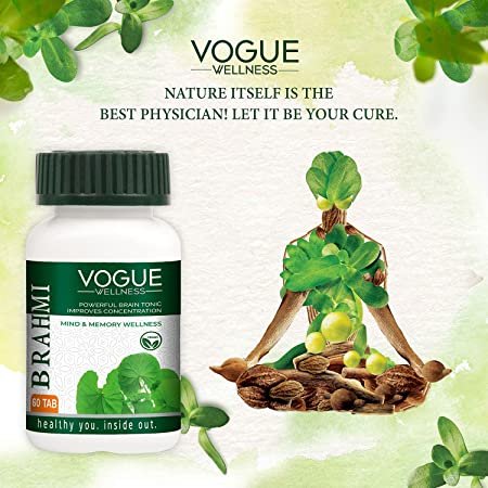 Vogue Wellness Brahmi Tablets | Bacopa Monnieri Extract | Ayurvedic Herbal Supplement for Memory, Focus, Concentration, Mental Performance & Overall Brain Wellness | 60 Vegetarian Tablets