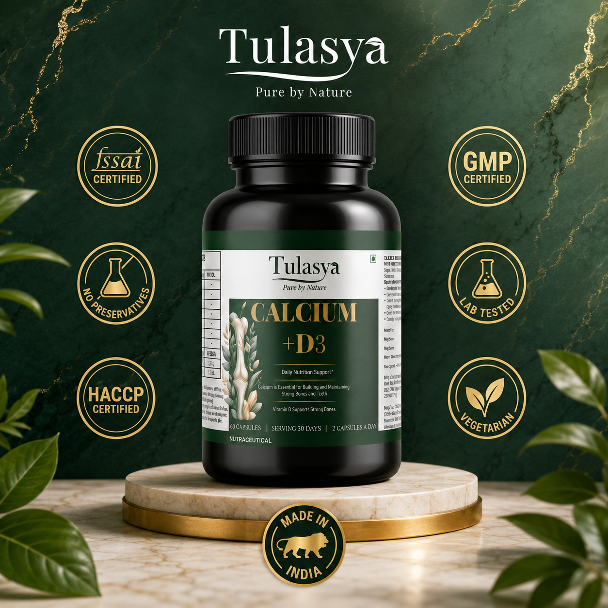 Tulasya Calcium + Vitamin D3 (60 Veg Capsules) | Bone Density, Joint Health & Muscle Support