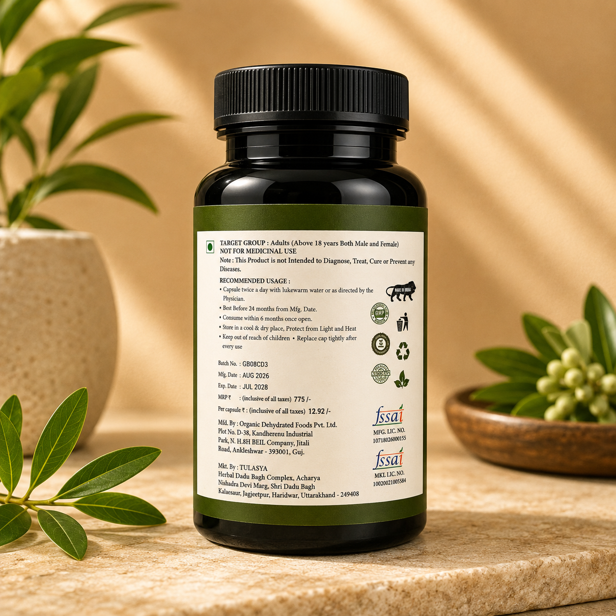 Tulasya Plant-Based Vitamin B12 2.2mcg (60 Veg Capsules) | 100% Daily Value (RDA) | Daily Energy, Nerve & Red Blood Cell Support