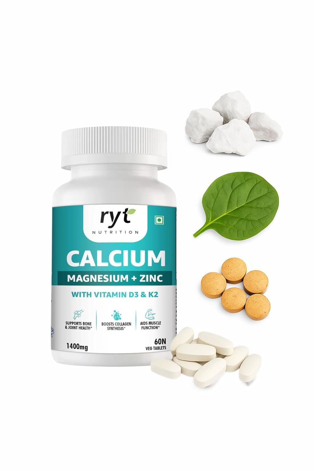 Ryt Nutrition Calcium Tablets, With Magnesium Zinc & Vitamin D3 & K2 (1400mg) - 60 Veg Tablets | For Bone Health & Joint Support | Muscle Strength Supplement For Men & Women