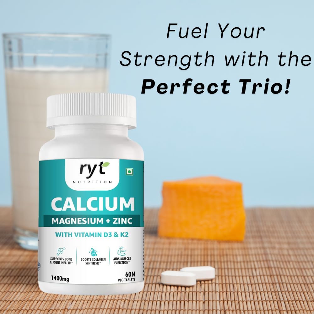 Ryt Nutrition Calcium Tablets, With Magnesium Zinc & Vitamin D3 & K2 (1400mg) - 60 Veg Tablets | For Bone Health & Joint Support | Muscle Strength Supplement For Men & Women