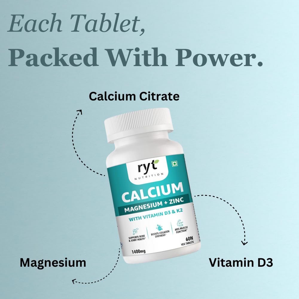 Ryt Nutrition Calcium Tablets, With Magnesium Zinc & Vitamin D3 & K2 (1400mg) - 60 Veg Tablets | For Bone Health & Joint Support | Muscle Strength Supplement For Men & Women