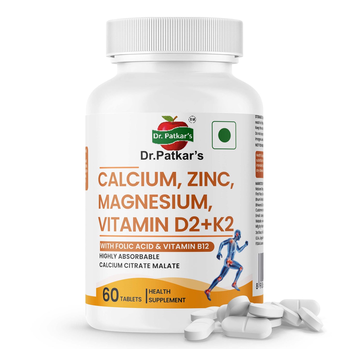 Dr Patkar’s Calcium Citrate Malate, Zinc, Magnesium, Vitamin D2 + K2 MK7 with Folic Acid & Vitamin B12 Tablets – Strong Bones, Immunity & Energy Support – Vegetarian Supplement - 60 Tablets