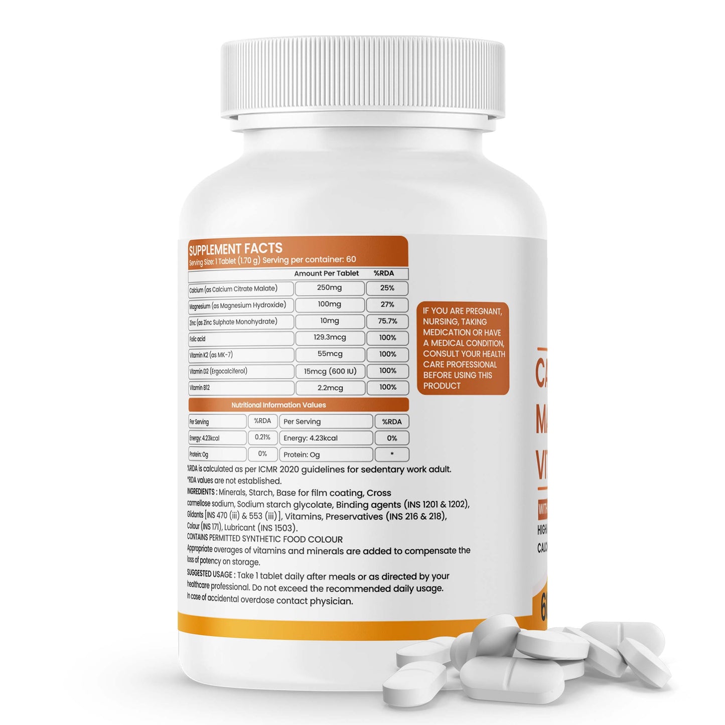 Dr Patkar’s Calcium Citrate Malate, Zinc, Magnesium, Vitamin D2 + K2 MK7 with Folic Acid & Vitamin B12 Tablets – Strong Bones, Immunity & Energy Support – Vegetarian Supplement - 60 Tablets