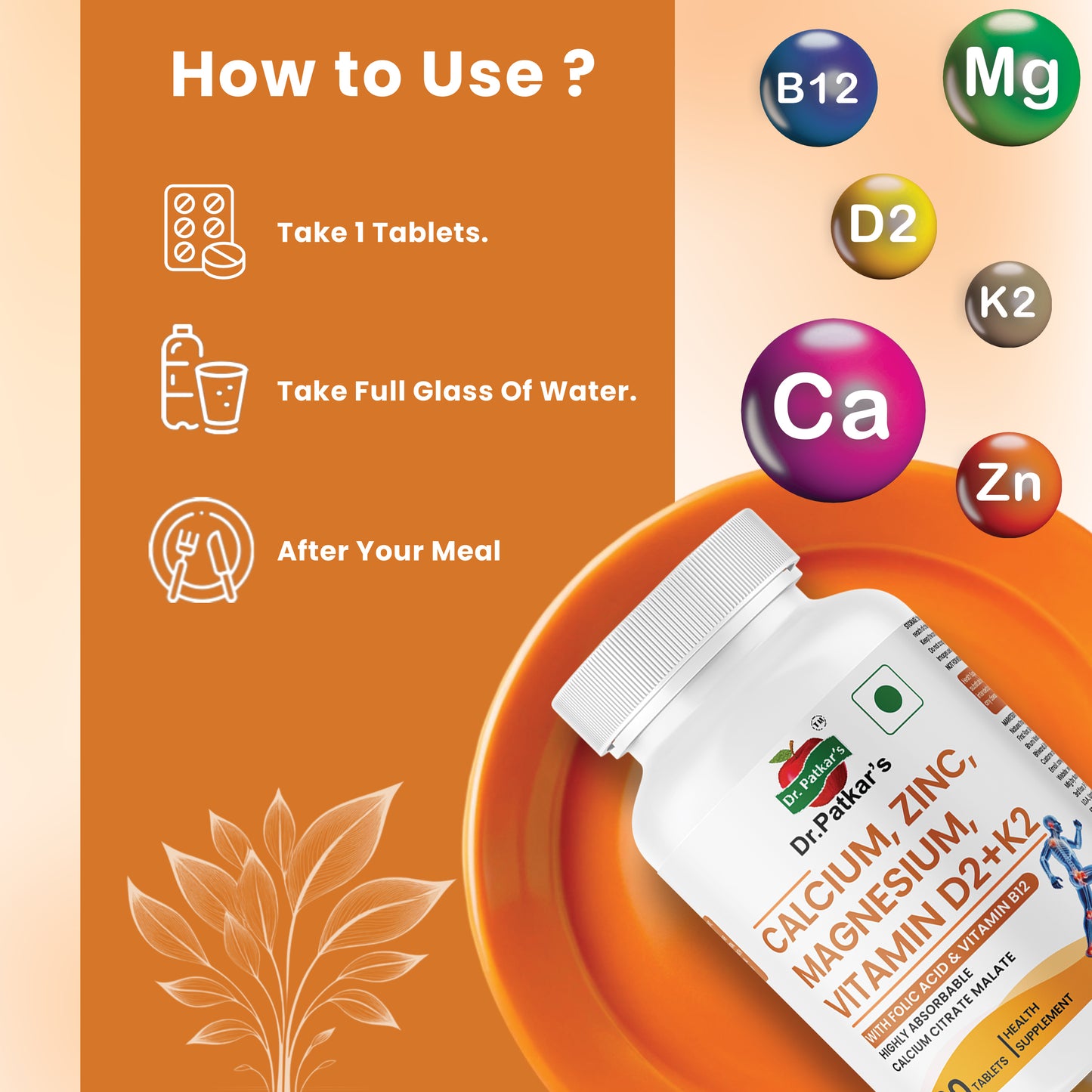 Dr Patkar’s Calcium Citrate Malate, Zinc, Magnesium, Vitamin D2 + K2 MK7 with Folic Acid & Vitamin B12 Tablets – Strong Bones, Immunity & Energy Support – Vegetarian Supplement - 60 Tablets