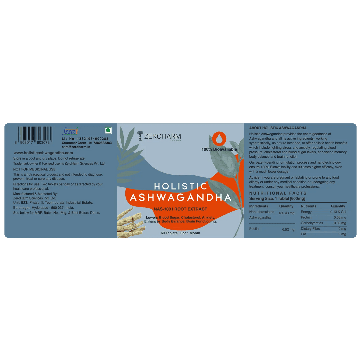 Zeroharm Capsules Holistic Ashwagandha - Stress & Anxiety Relief Tablets (60 tabs)