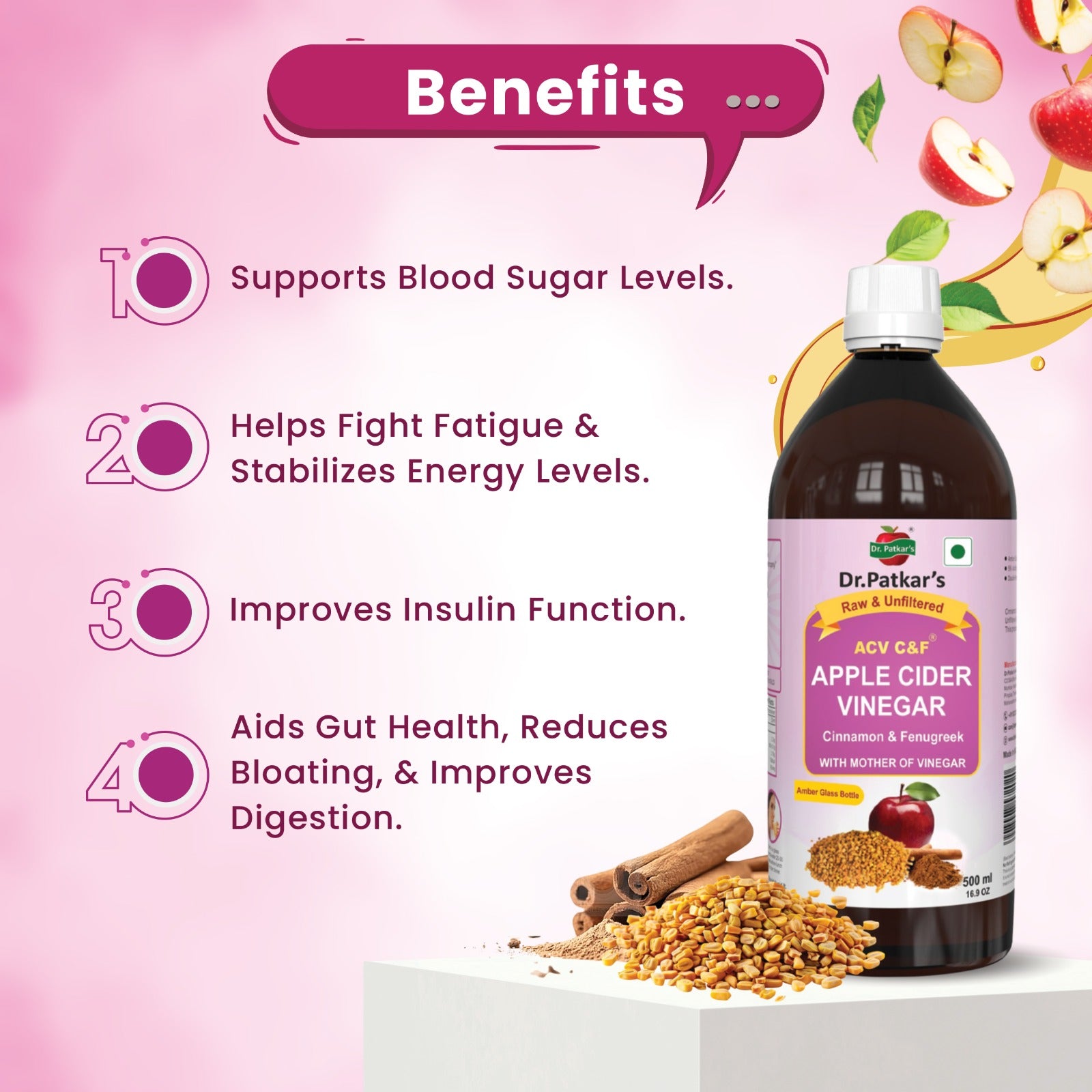 Dr. Patkar's Apple Cider Vinegar Cinnamon & Fenugreek with the Mother -  Pack of 500ml