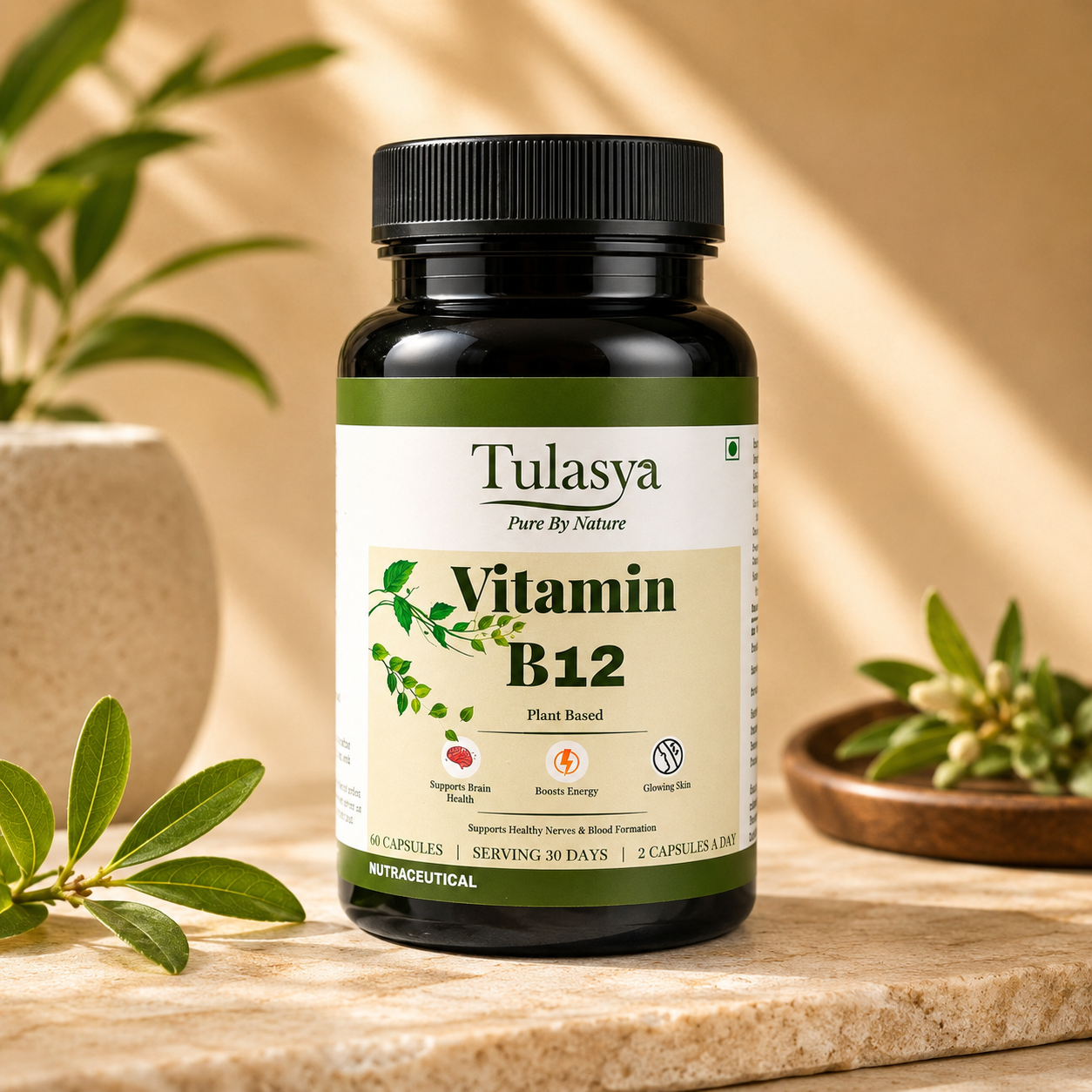 Tulasya Plant-Based Vitamin B12 2.2mcg (60 Veg Capsules) | 100% Daily Value (RDA) | Daily Energy, Nerve & Red Blood Cell Support