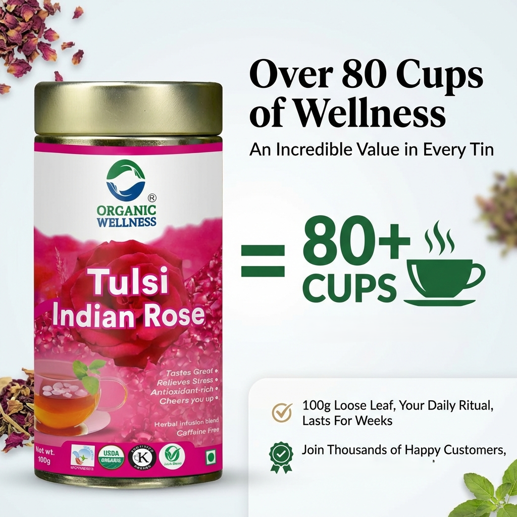 Organic Wellness Tulsi Indian Rose Tea Tin Pack (100 Gm) | Made With Tulsi & Fragrant Indian Rose | Rich In Antioxidants | Stress Reliever | Immunity Booster | Good For Skin