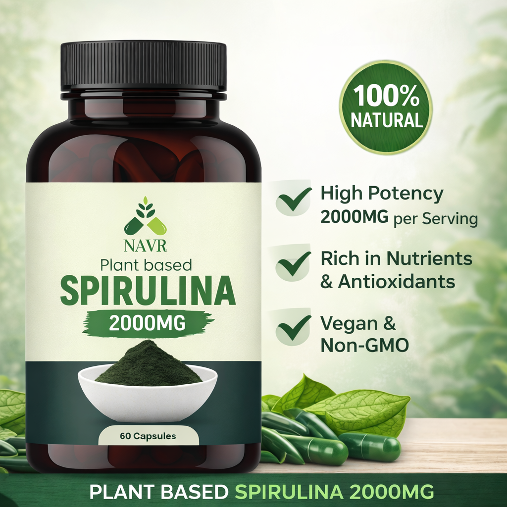 NAVR Plant Based Spirulina 2000mg - High Potency Superfood for Energy - 60 Capsules